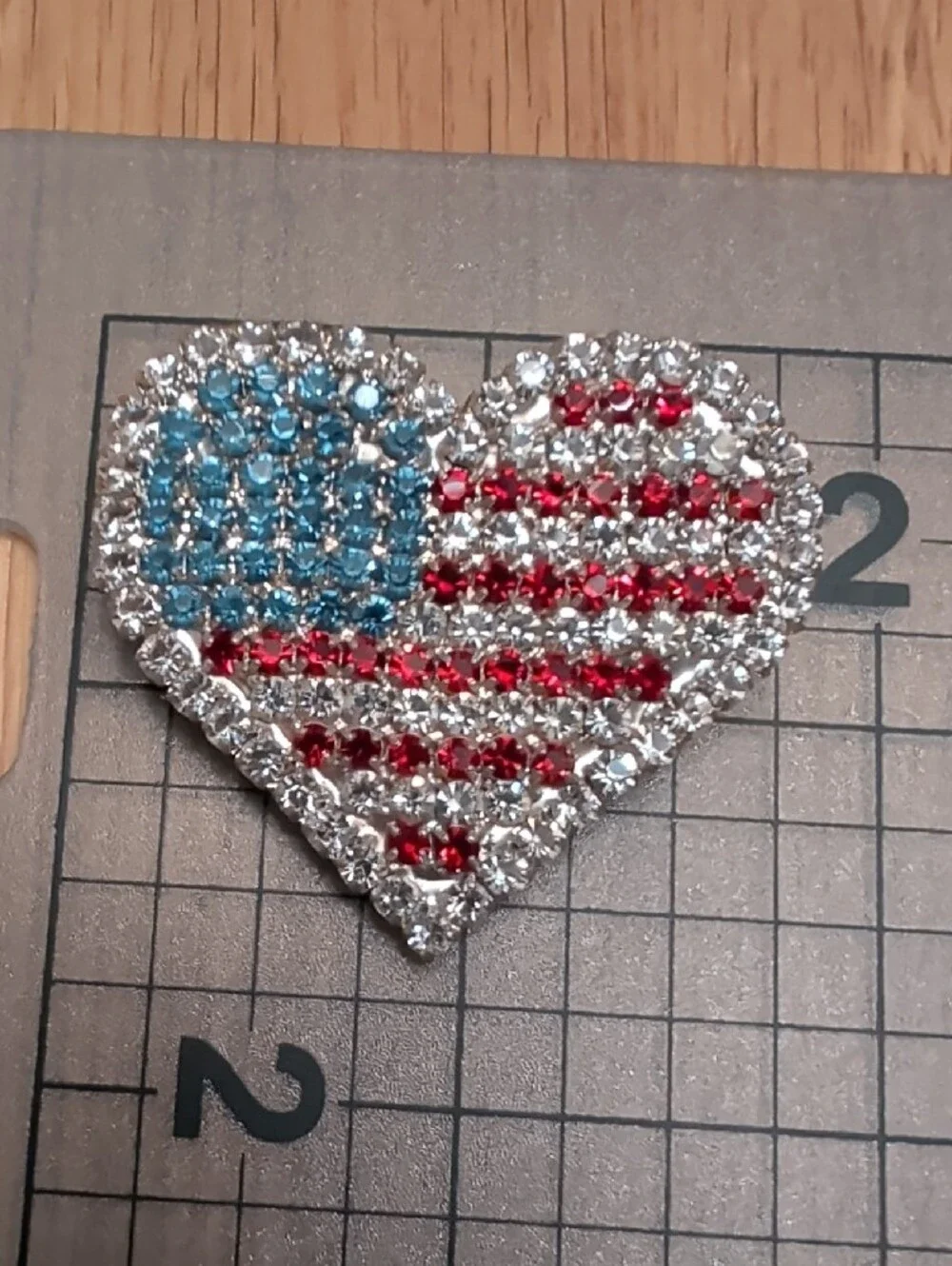Crystal American Flag Heart Brooch - Red, Blue & Silver